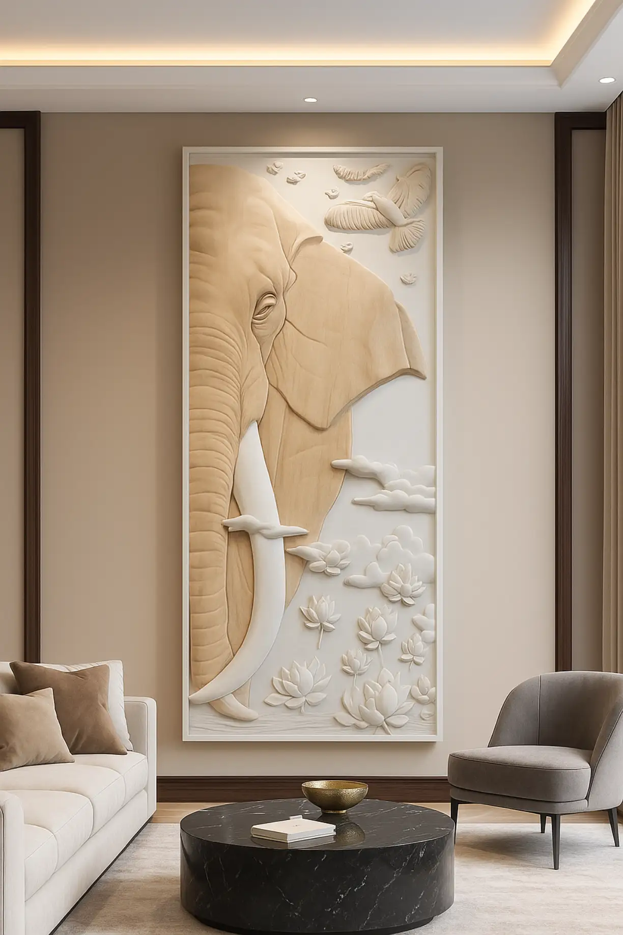 Elephant in Nature with birds & clouds Modern stone wall art